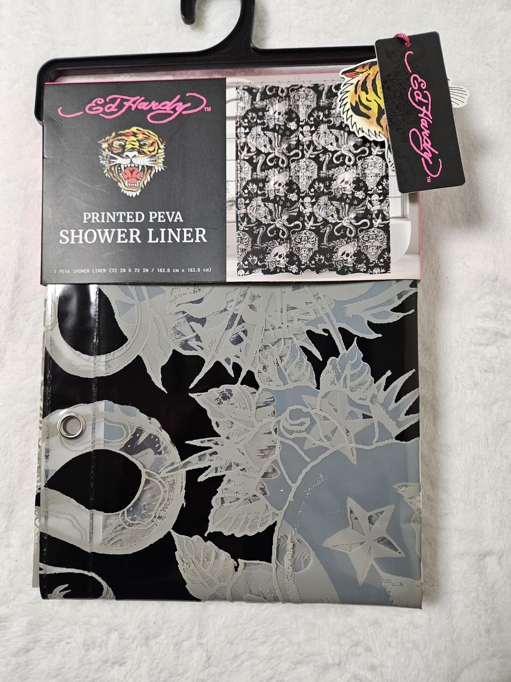 Ed Hardy Black & Gray Printed PEVA Shower Liner Skulls Tigers Statement Edgy
